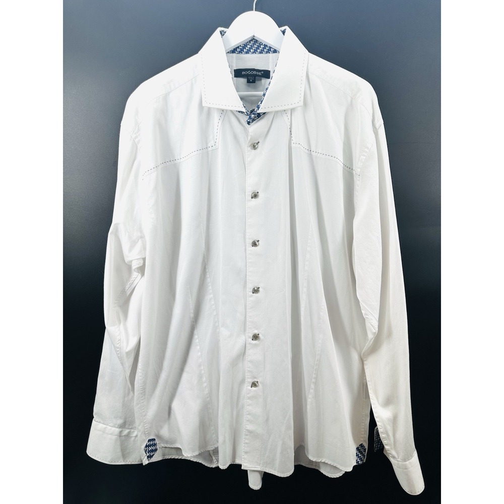 Bogosse White Patterned Button‎ Down Long Sleeve Dress Shirt Mens Size 8 EE08